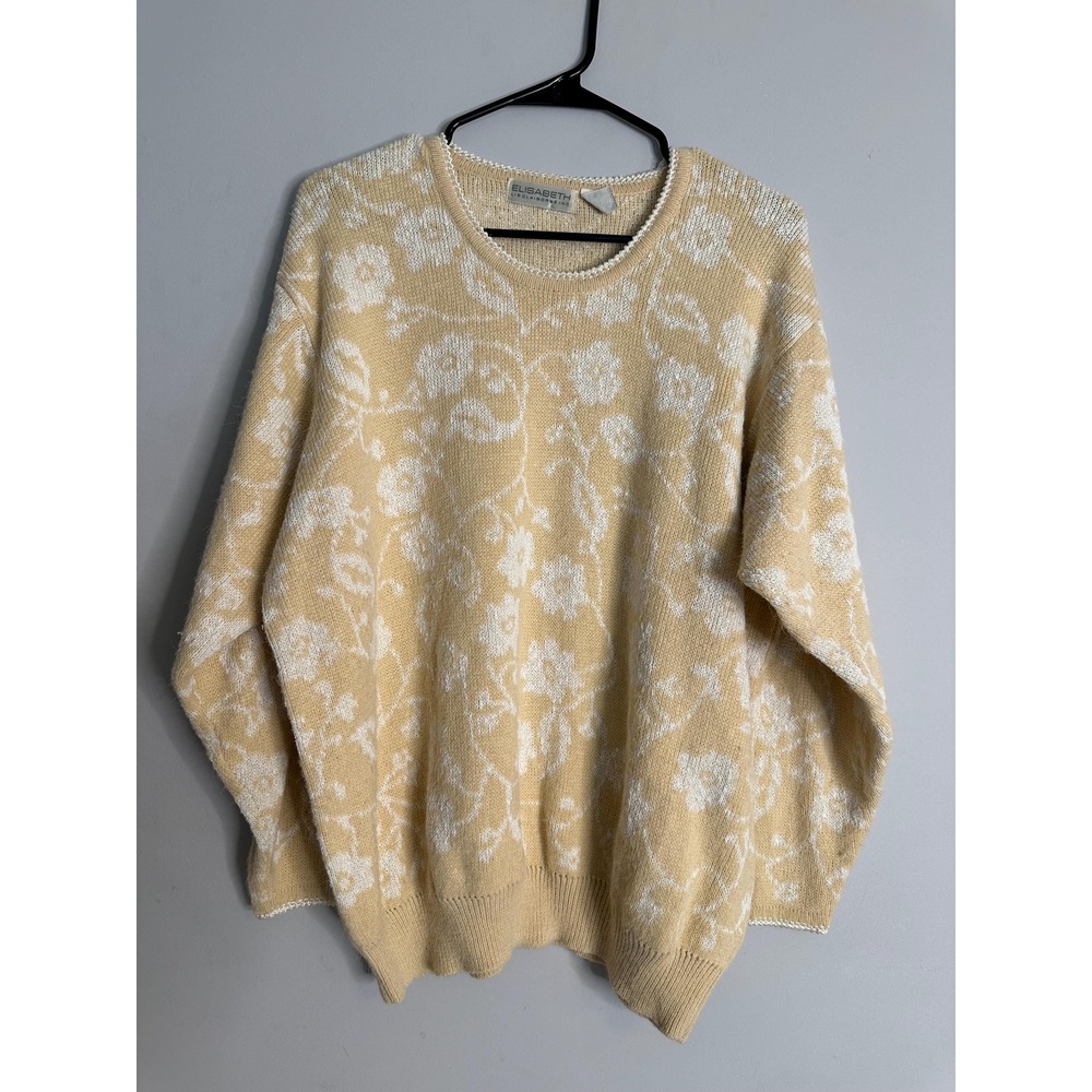 Vintage Elisabeth Liz Claiborne Floral Sweater Yellow Cream Size 2 Scoop Neck